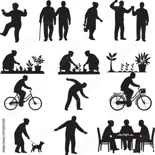 Active Seniors and Elderly People Silhouettes Vector Set