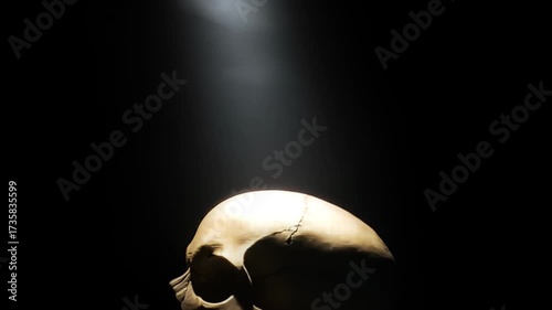 Human Skull Illuminated by Dramatic Spotlight in Dark Studio.