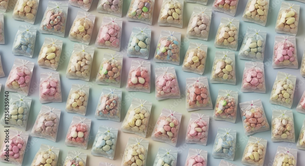 Fototapeta premium Sweet Treats Galore Pastel Candies in Clear Bags Displayed in Organized Rows