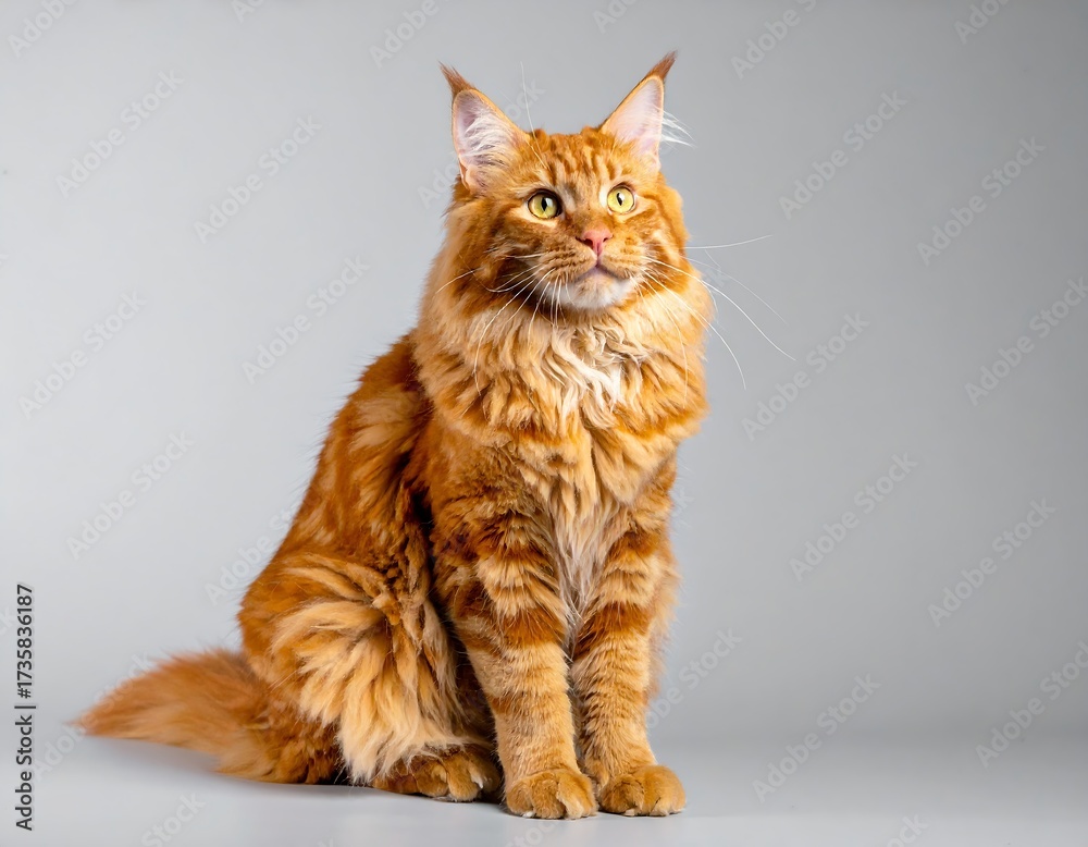 Obraz premium Fluffy orange cat sits, looking up