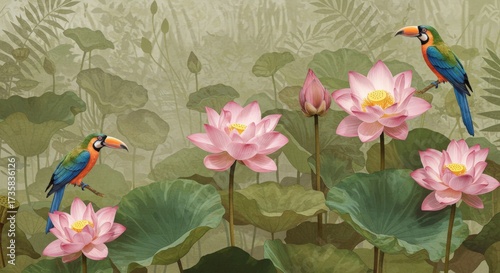 Pink Lotus Flowers and Toucans in Lush Garden