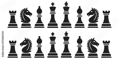 Chess Piece Silhouettes Vector Pack,  Black Classic Icons of Complete Set in Starting Position for Strategy, Board Games, Logic Puzzles, Educational Illustrations, and Competitive Designs