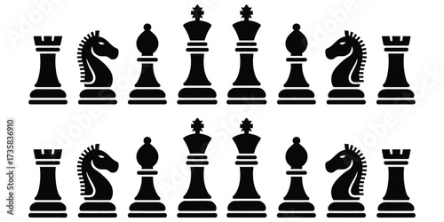 Set of Black Chess Piece Silhouettes,  Classic Vector Icons of Pawn, Knight, Bishop, Rook, Queen, and King in Starting Formation for Strategy, Game, and Education Designs