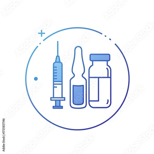 Vaccine vial ampoule and syringe in a circle on white background