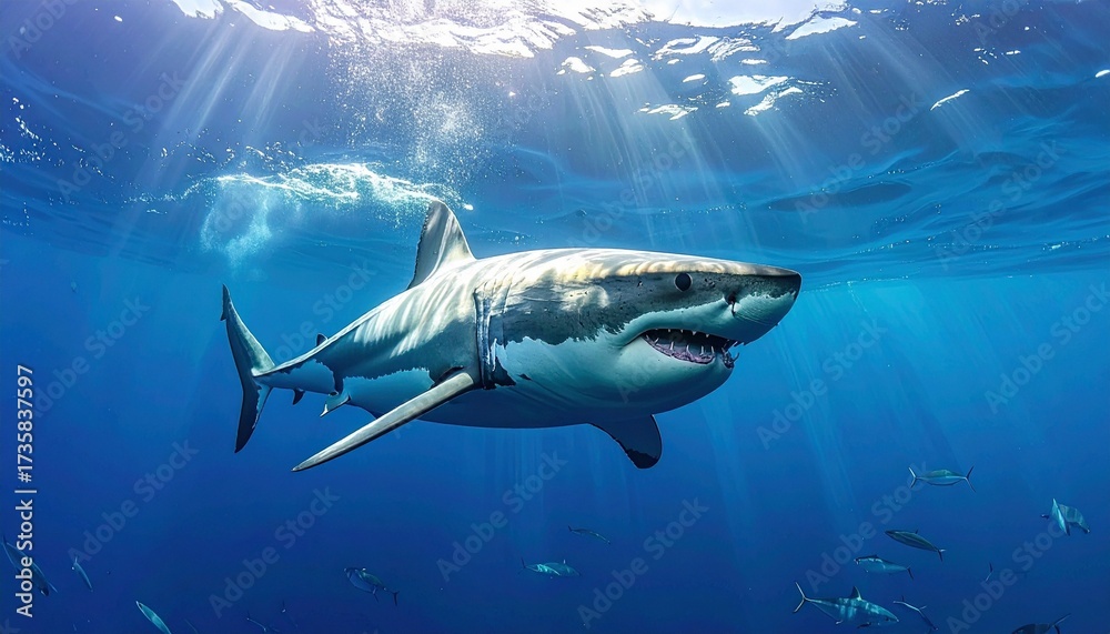 Fototapeta premium Large shark swimming underwater with mouth open, sharp teeth visible, sunlight filtering through ocean surface, smaller fish and coral in background, dramatic marine scene showcasing power and ecosyst