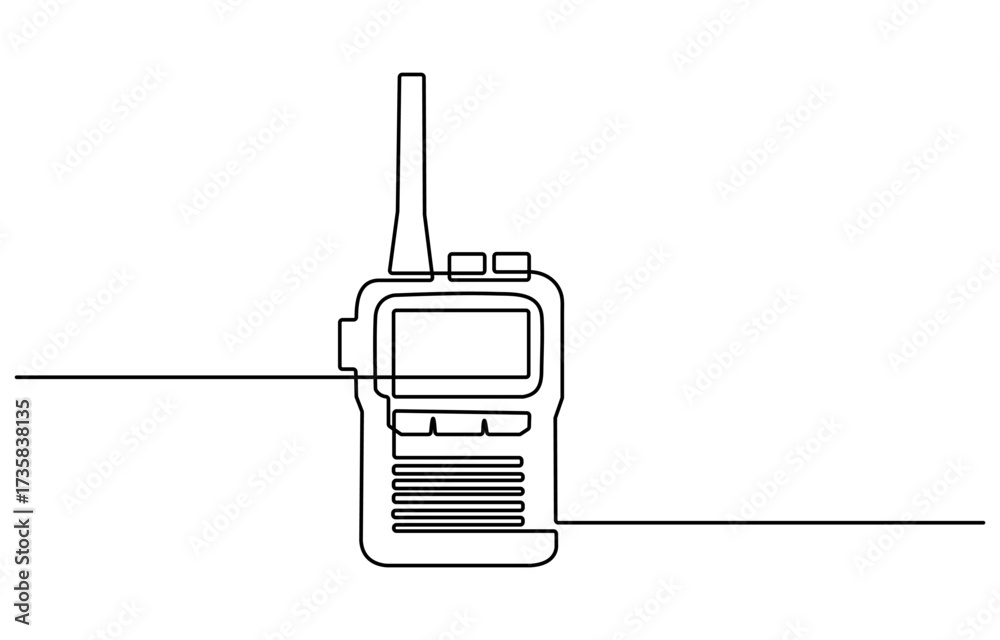 Fototapeta premium Walkie talkie one line drawing electronic object. Portable two-way radio transceiver device for communication, Vector continuous one single line drawing icon of portable walkie talkie in silhouette.