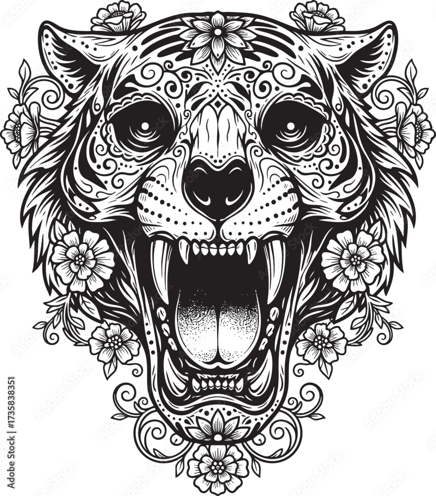 Fototapeta premium Roaring Sugar Skull Tiger Head Vector Illustration with Ornate Floral Design - Day of the Dead Art