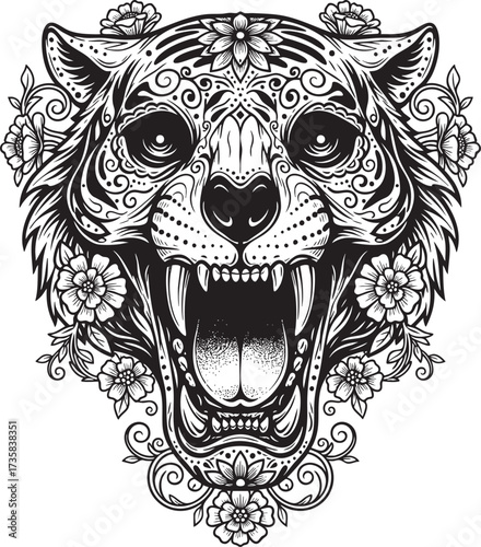 Roaring Sugar Skull Tiger Head Vector Illustration with Ornate Floral Design - Day of the Dead Art