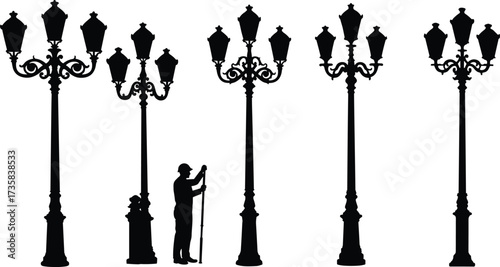 Vintage ornate street lamp vector illustration with multiple lanterns, classic decorative lamp posts, urban lighting silhouettes, and worker maintenance scene.