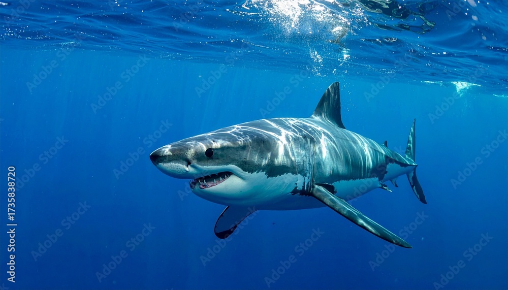 Fototapeta premium Large shark swimming underwater with mouth open, sharp teeth visible, sunlight filtering through ocean surface, smaller fish and coral in background, dramatic marine scene showcasing power and ecosyst