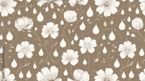Floral pattern with white flowers, delicate stems, and teardrop shapes on a brown background.