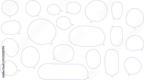 可愛い形の吹き出しセット。手描き風でゆるい感じのふきだし。青色。丸、長方形がたくさんあって使いやすい。