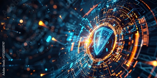Digital shield glowing with futuristic technology and data streams