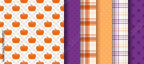 Halloween seamless patterns. Haloween backgrounds. Textile prints with pumpkin faces, polka dots, spiders, check. Set of scrapbook textures. Orange purple wrapping papers. Vector Illustration