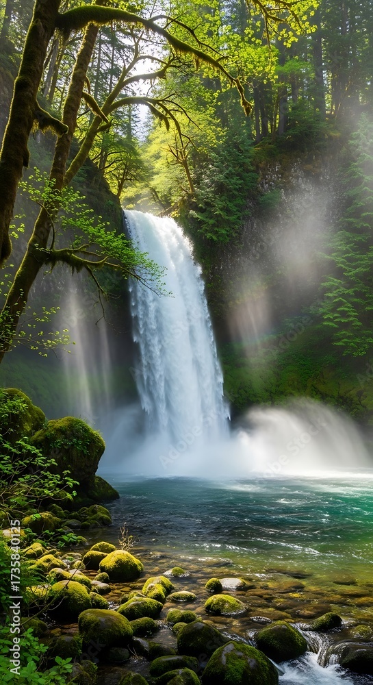 Obraz premium Majestic Waterfall Cascading Through Lush Forest.