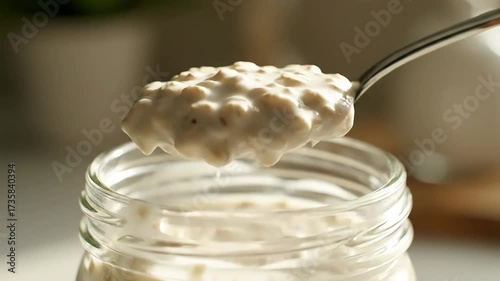 Macro shot of textured creamy yogurt or overnight oats on a spoon slowly dripping into a glass jar representing a healthy wholesome breakfast or snack food