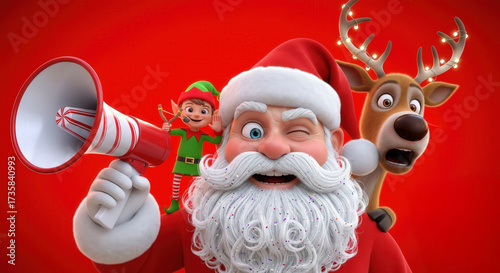 Playful Christmas card showing Santa brandishing a candy cane, a startled reindeer, and a worried elf with hammer on bright red.