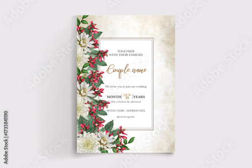 WEDDING INVITATION FRAME WITH FLOWER DECORATIONS AND FRESH LEAVES
