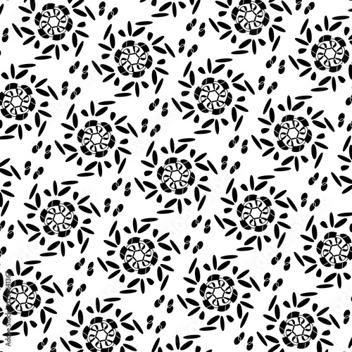 Seamless abstract black floral pattern on white background.