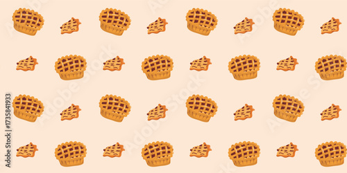 Seamless pattern with autumn pies and slices. Vector seamless background with whole pies and slices, perfect for autumn design, bakery themes, seasonal food decoration, and packaging.  
