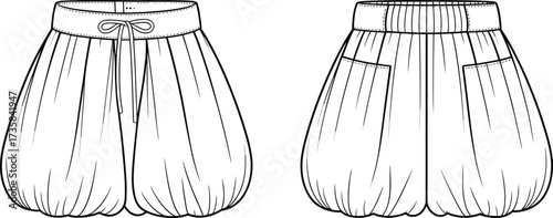 Flat sketch vector bubble skirt template with drawstring waistband, back pockets, gathered hem, fashion cad drawing, garment clothing technical illustration