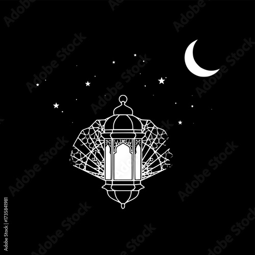 Flat style Ramadan lantern illustration with crescent moon and stars, ideal for festive greeting cards.