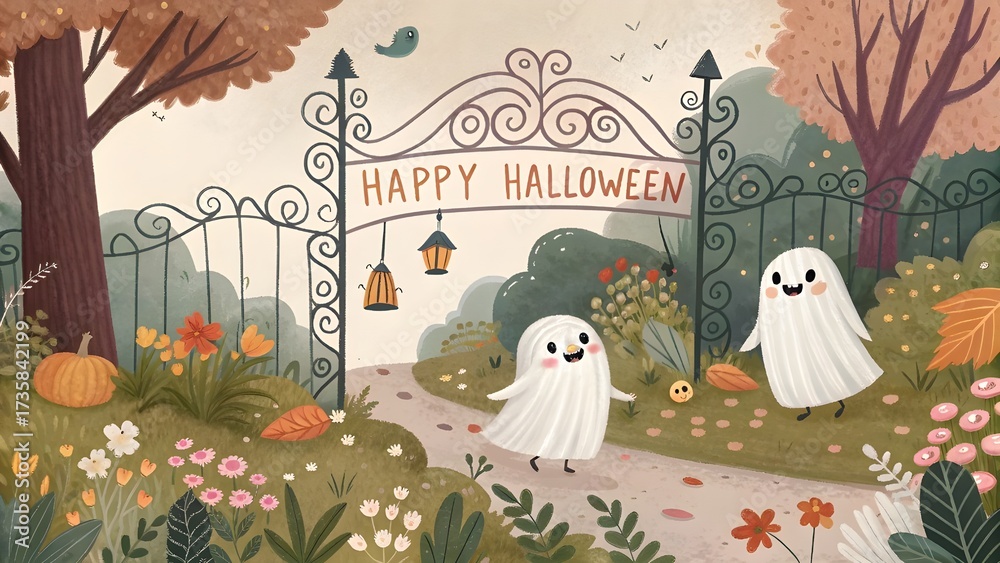 Fototapeta premium Ethereal Halloween Garden with Friendly Ghosts and Vintage Gate Banner