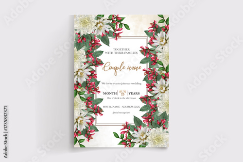WEDDING INVITATION FRAME WITH FLOWER DECORATIONS AND FRESH LEAVES