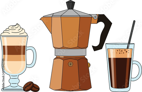 Coffee drinks moka pot latte espresso vector illustration art