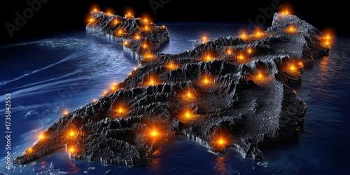 3D Map of New Zealand Glowing with Bright Markers at Night Under Starry Sky