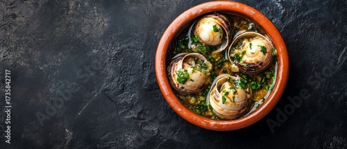 Savory baked clams in a clay dish, topped with fresh herbs and a flavorful garlic butter sauce