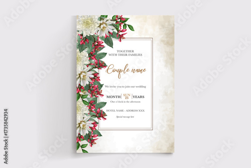 WEDDING INVITATION FRAME WITH FLOWER DECORATIONS AND FRESH LEAVES