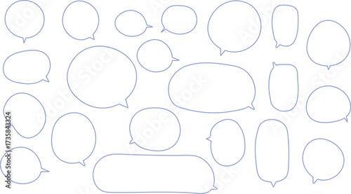 可愛い形の吹き出しセット。手描き風でゆるい感じのふきだし。青色。丸、長方形がたくさんあって使いやすい。