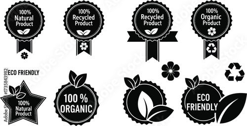 Eco friendly natural organic recycled product labels vector set