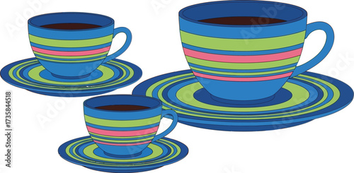 Colorful teacups and saucers illustration for kitchen decor