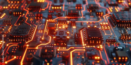 Intricate glowing circuitry of a futuristic motherboard with vibrant orange energy flowing through its pathways.