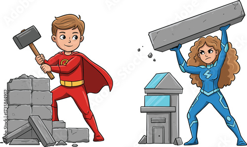 Cartoon superhero children showing strength, kids in costume, breaking wall, lifting block, teamwork, empowerment, imagination, colorful illustration, childhood heroes, comic style