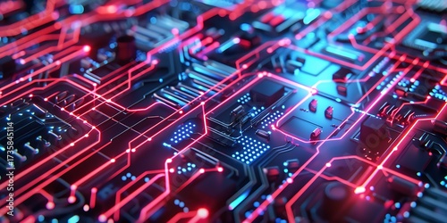 Intricate network of glowing red circuits on a futuristic motherboard, symbolizing technology and data flow.