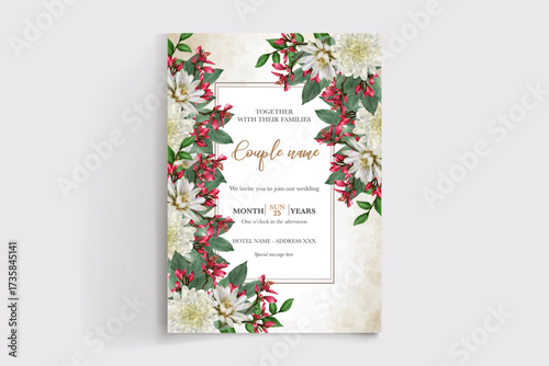WEDDING INVITATION FRAME WITH FLOWER DECORATIONS AND FRESH LEAVES