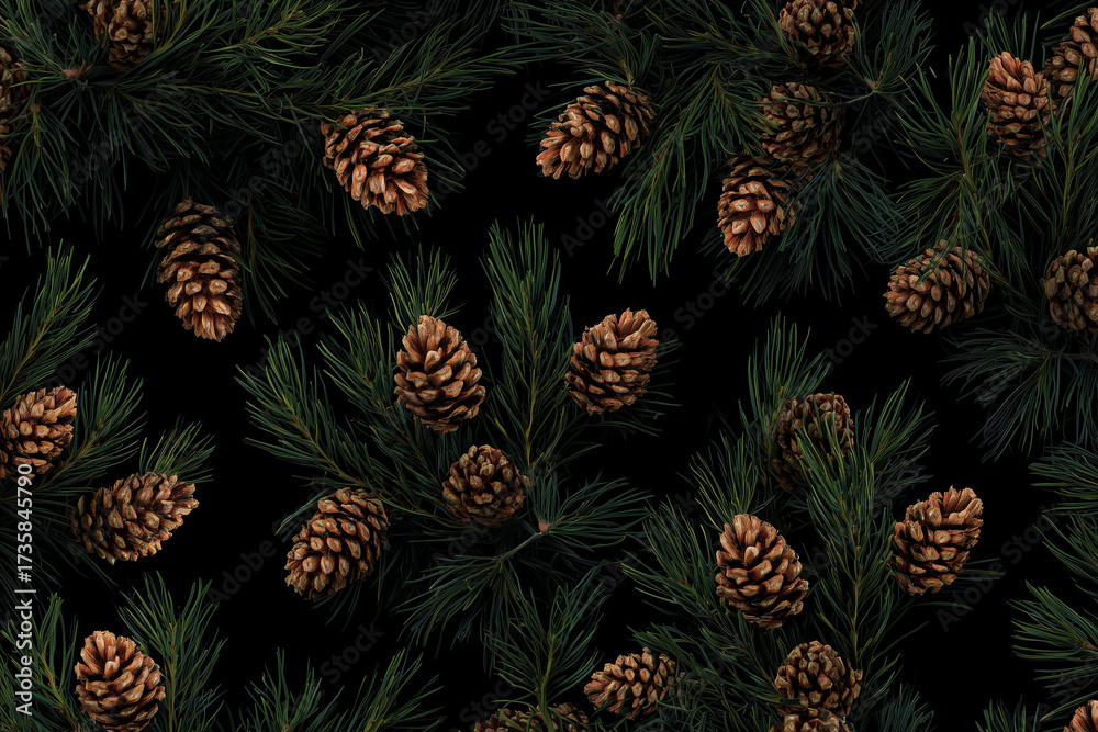Fototapeta premium Close-up arrangement of pine cones and evergreen pine branches on a dark background, creating a rich seasonal texture and natural botanical pattern for holiday or nature themes.