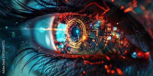 Futuristic cybernetic eye with glowing circuits and digital data streams