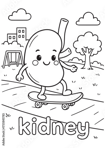 coloring book kidney riding skateboard in park, anatomy cartoon for kids