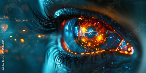Futuristic eye with glowing circuits and digital data streams, representing artificial intelligence and advanced technology.