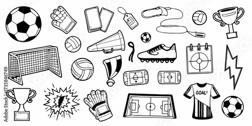 Collection of hand drawn soccer football elements and equipment for sports design