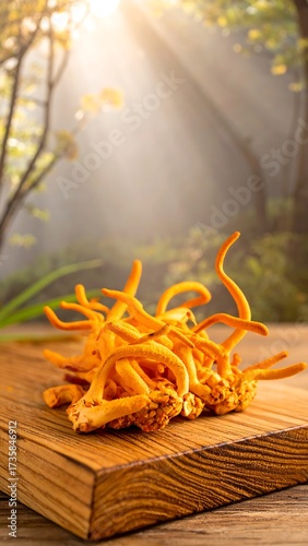 Brightly lit cluster of orange-yellow fungi on a wooden board