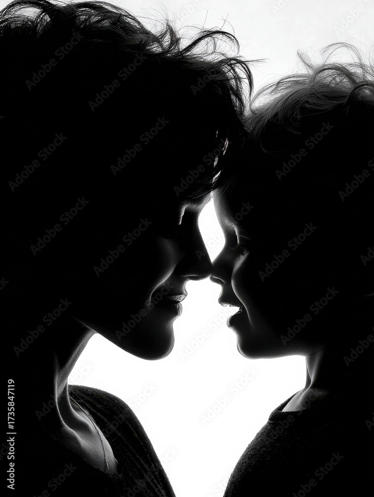 Fototapeta premium A woman and child in silhouette share a playful moment, almost touching noses against a vibrant background.