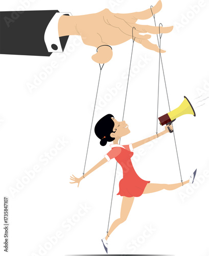 News. Advertisement. Master controls a woman holding megaphone, like a puppet