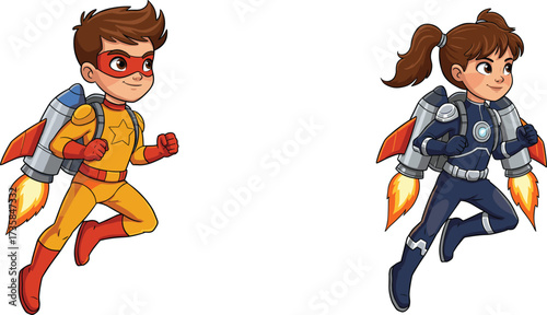 Cartoon superhero children with jetpacks, kids in costume, flying adventure, action, teamwork, imagination, colorful illustration, childhood heroes, comic style, fantasy
