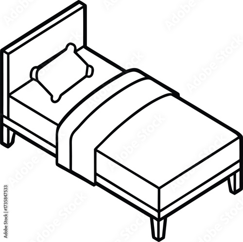 Isometric Perspective Illustration of a Bed with Blanket and Pillow in Clean Line Design