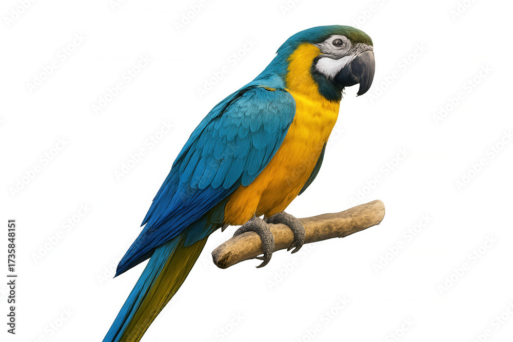 Fototapeta premium Blue-and-yellow macaw parrot perched on a branch, exotic tropical bird with colorful feathers, transparent background